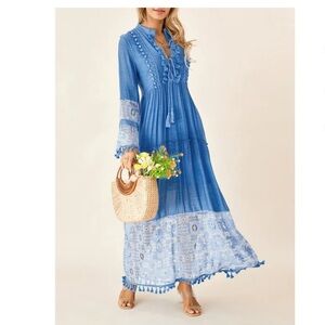 Boho Style Maxi SunDress with lace & tassel detail Blue color in medium New